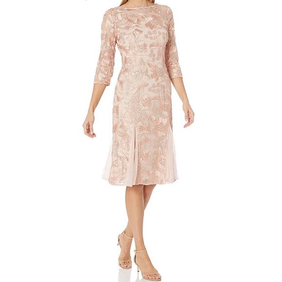 NWT Alex Evenings Embroidered Dress Illusion Sleeve Womens Sz 6P Peach MSRP $189 - Picture 1 of 16